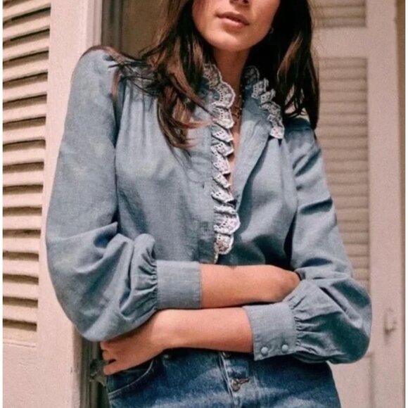 Sezane Tops - Sezane NWT Chloe Shirt in Chambray Blue Size 38 or Medium Embroidered Blouse